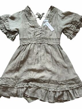 Bluivy Lace Boho Mini Dress Sage Green Ruffle Cottagecore Size Small NWT
